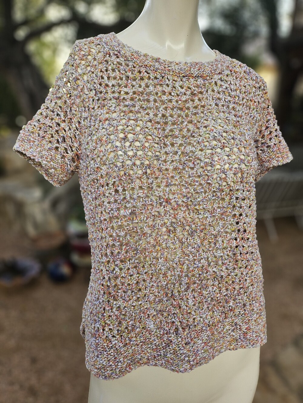 CAbi Cotton Multi-colored CROCHET Knit Short Sleeve Sweater Small